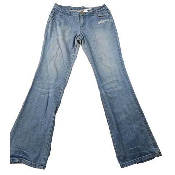 AKDMKS Jeans‎ Womens Blue Denim Wide Leg Embroidered Bootcut Baggy Y2K Size 32 - Picture 1 of 12